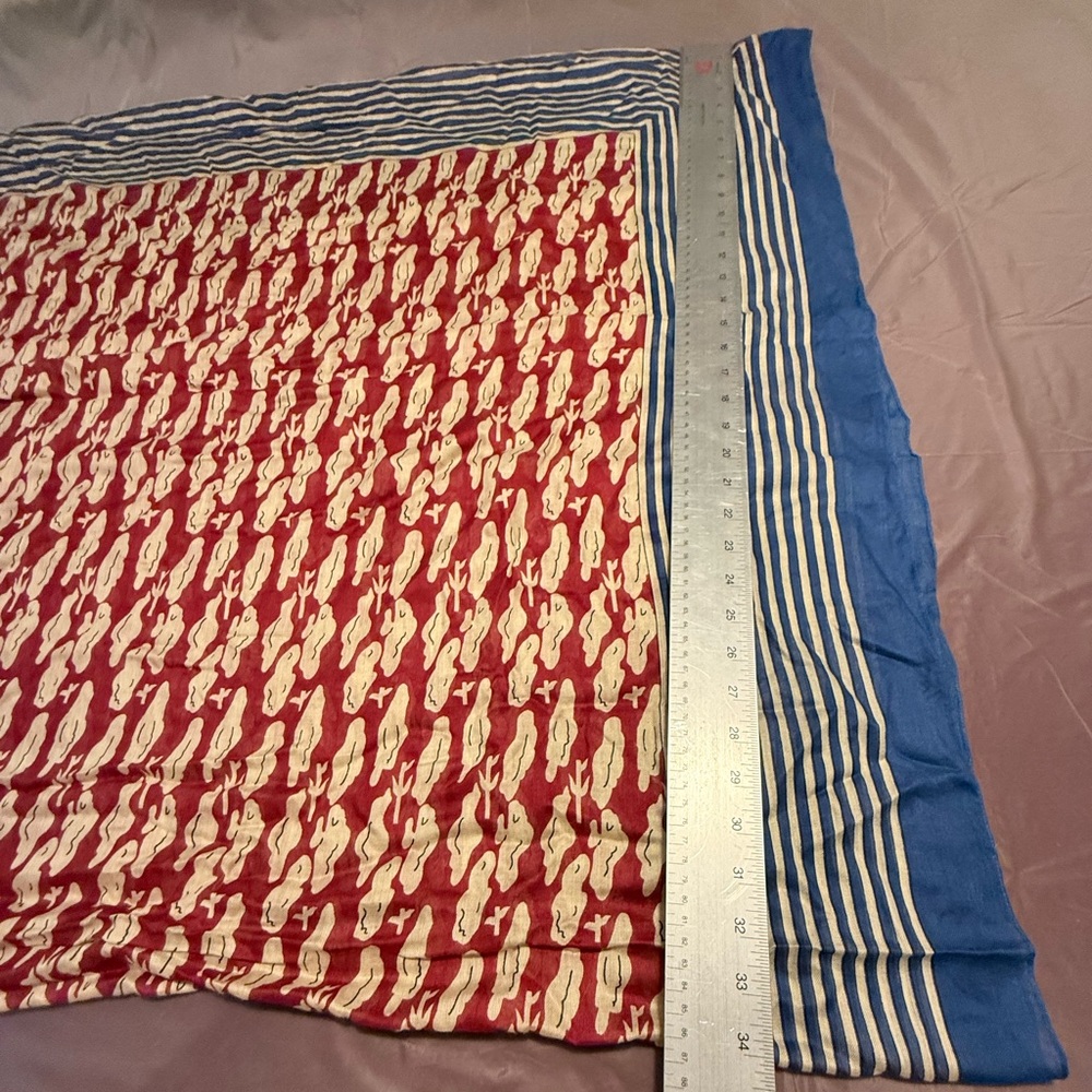 Etcetera by Carlisle Red/Cream Print Infinity Scarf with Blue Stripe Trim - Picture 4 of 5